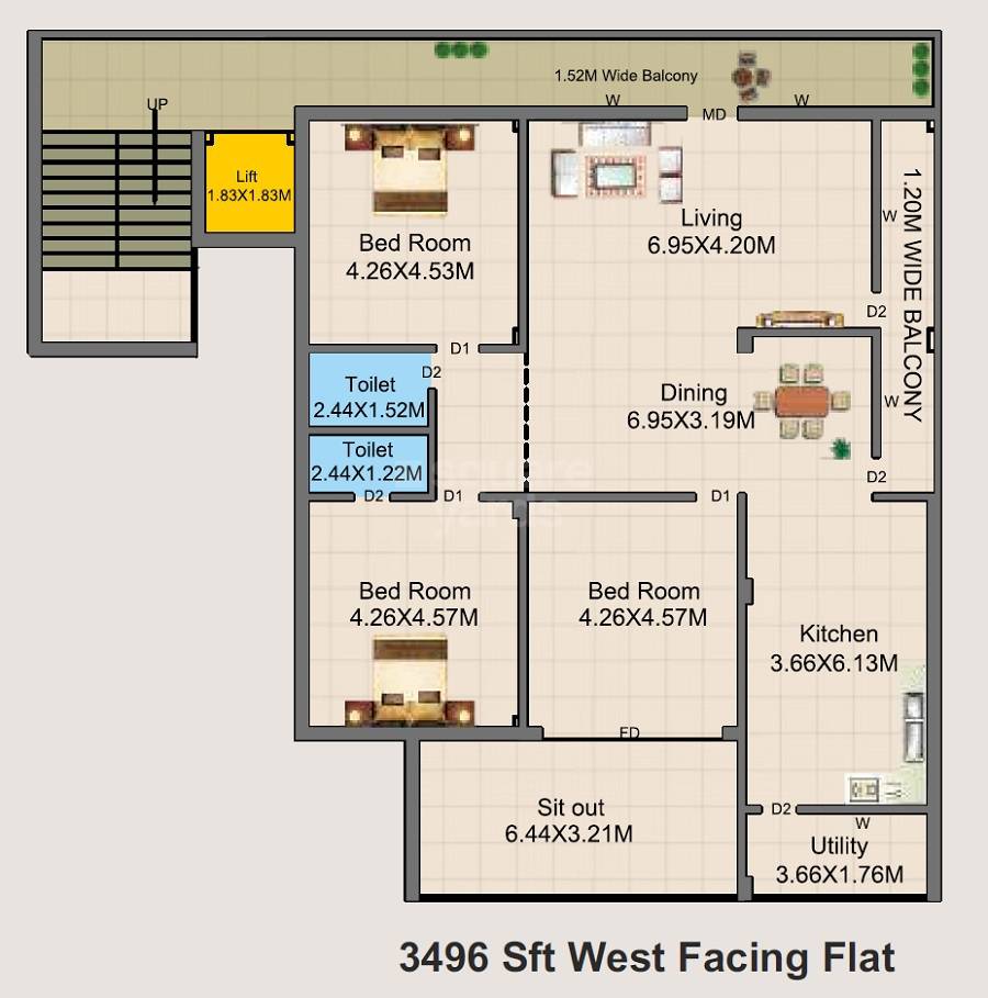 Floor plan of 3 BHK 3496 Sq. Ft. Apartment in Shwasa Residency, Hyderabad