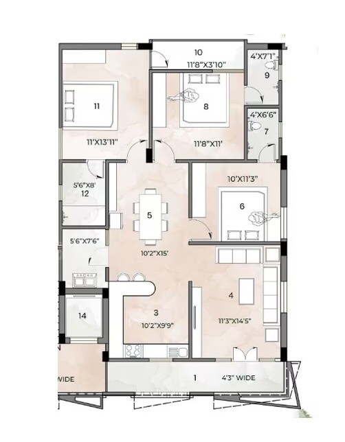 Floor plan of 3 BHK 1500 Sq. Ft. Apartment in Siddhi Hanumanla Heights, Hyderabad