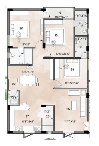 Floor plan of 3 BHK 1615 Sq. Ft. Apartment in Siddhi Hanumanla Heights, Hyderabad