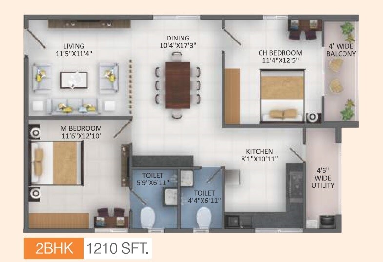 Floor plan of 2 BHK 1210 Sq. Ft. Apartment in Signature Fortius, Hyderabad