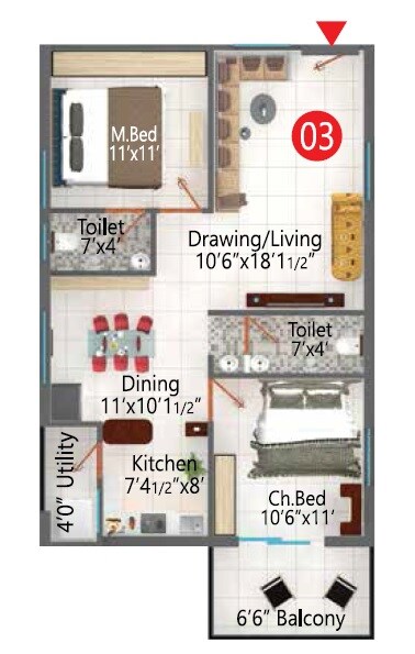 Floor plan of 2 BHK 1162 Sq. Ft. Apartment in Signature Krishna Affinity, Hyderabad