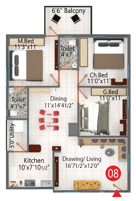 Floor plan of 2 BHK 1425 Sq. Ft. Apartment in Signature Krishna Affinity, Hyderabad