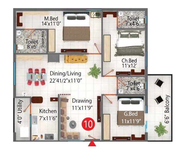 Floor plan of 3 BHK 1753 Sq. Ft. Apartment in Signature Krishna Affinity, Hyderabad