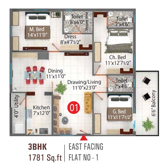 Floor plan of 3 BHK 1781 Sq. Ft. Apartment in Signature Krishna Affinity, Hyderabad