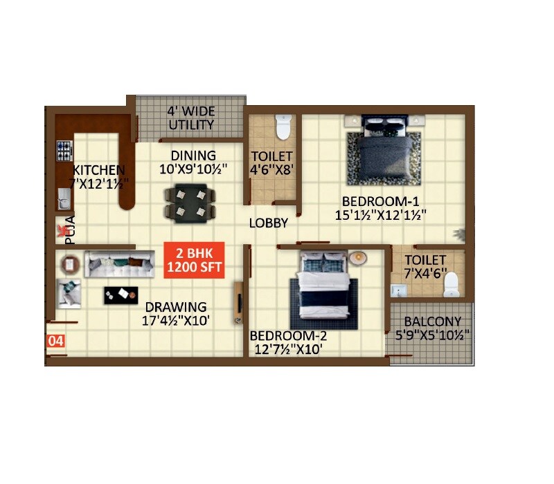 Floor plan of 2 BHK 1200 Sq. Ft. Apartment in Signifa KDR Residency, Hyderabad