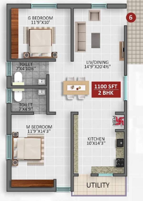 Floor plan of 2 BHK 1100 Sq. Ft. Apartment in Signifa Signature, Hyderabad