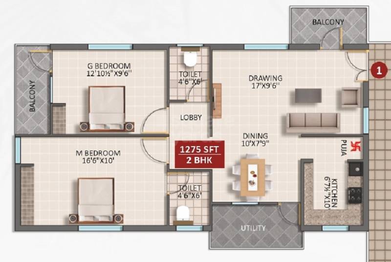 Floor plan of 2 BHK 1275 Sq. Ft. Apartment in Signifa Signature, Hyderabad