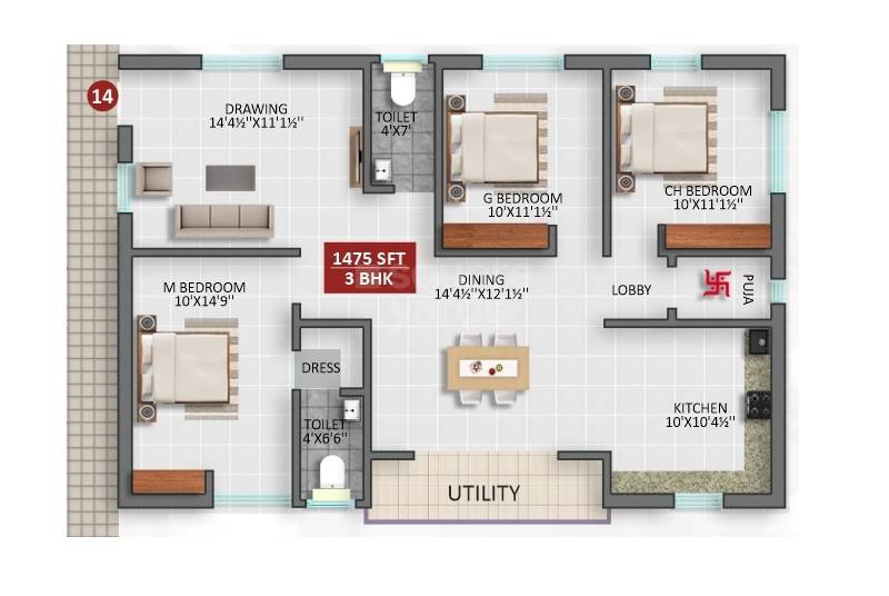 Floor plan of 3 BHK 1475 Sq. Ft. Apartment in Signifa Signature, Hyderabad