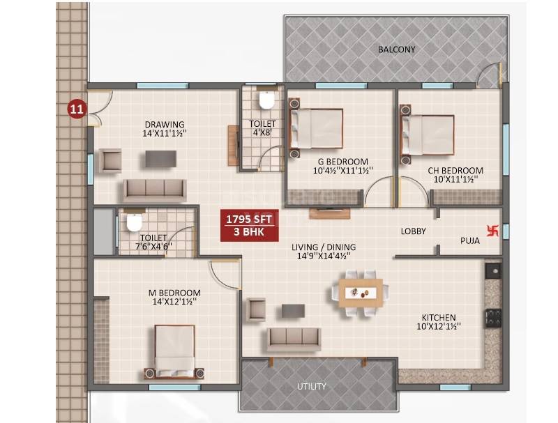 Floor plan of 3 BHK 1795 Sq. Ft. Apartment in Signifa Signature, Hyderabad