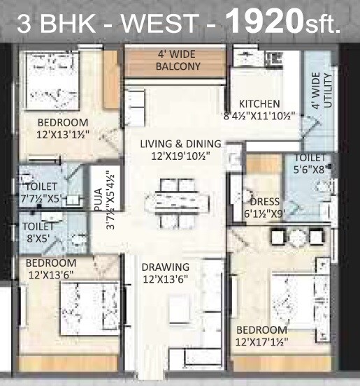 Floor plan of 3 BHK 1920 Sq. Ft. Apartment in Sikhara One, Hyderabad