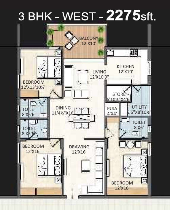 Floor plan of 3 BHK 2275 Sq. Ft. Apartment in Sikhara One, Hyderabad