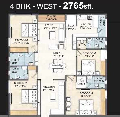 Floor plan of 4 BHK 2765 Sq. Ft. Apartment in Sikhara One, Hyderabad