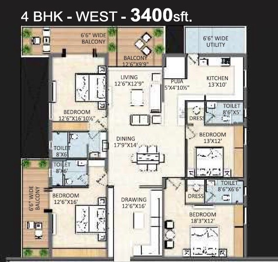 Floor plan of 4 BHK 3400 Sq. Ft. Apartment in Sikhara One, Hyderabad