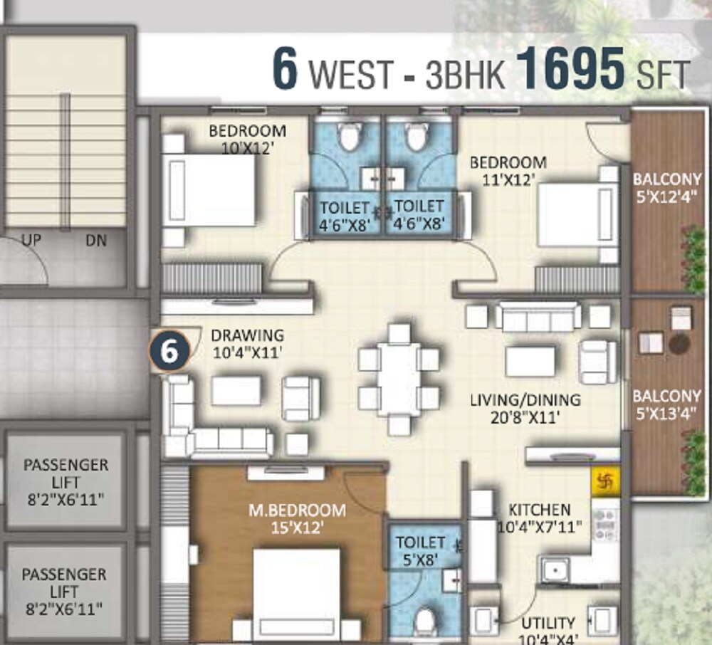 Floor plan of 3 BHK 1695 Sq. Ft. Apartment in Silpa Vaibhavi Vihanga, Hyderabad