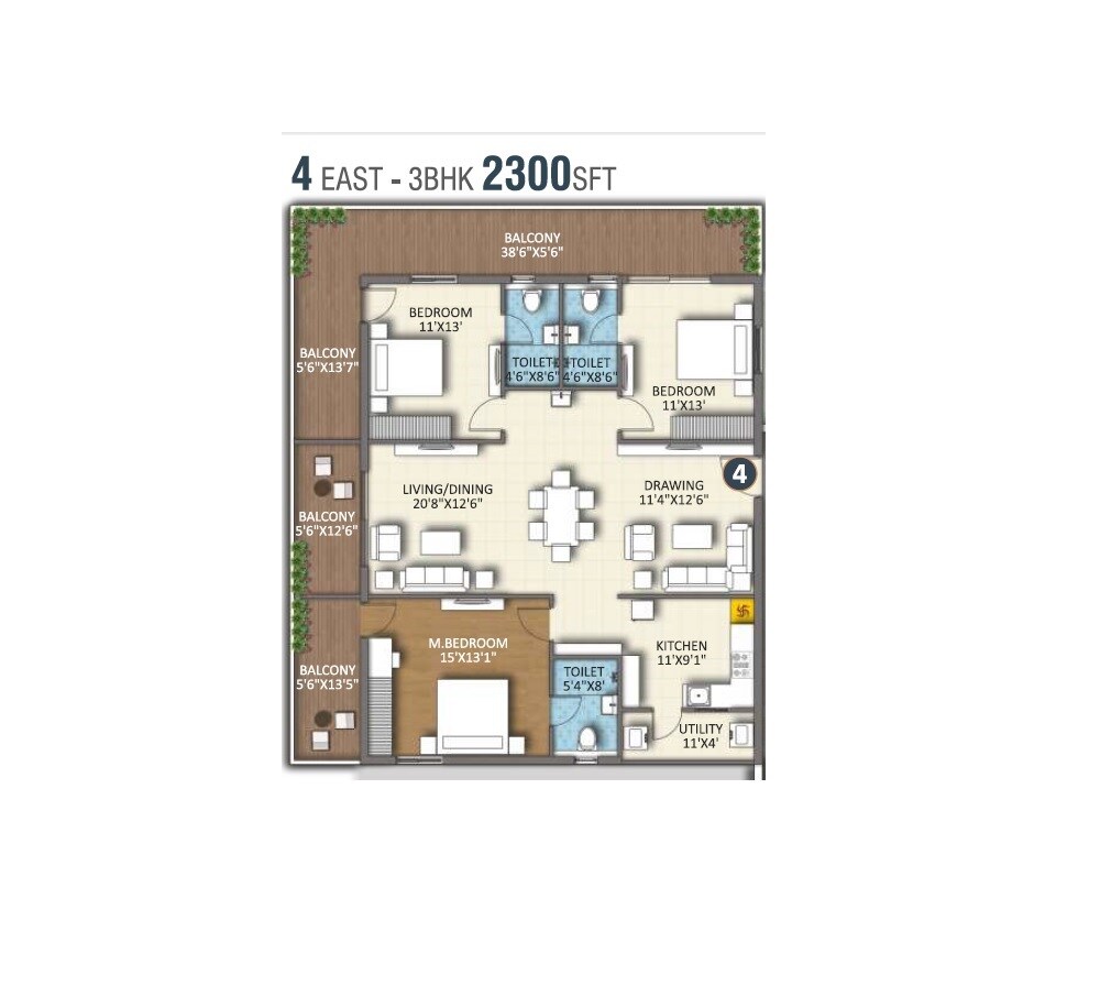 Floor plan of 3 BHK 2300 Sq. Ft. Apartment in Silpa Vaibhavi Vihanga, Hyderabad