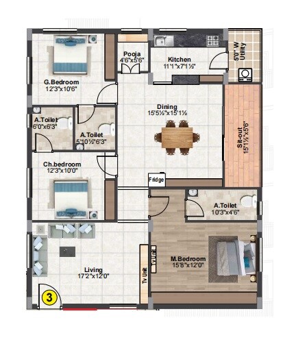 Floor plan of 3 BHK 1818 Sq. Ft. Apartment in Siri Sampada Avni, Hyderabad