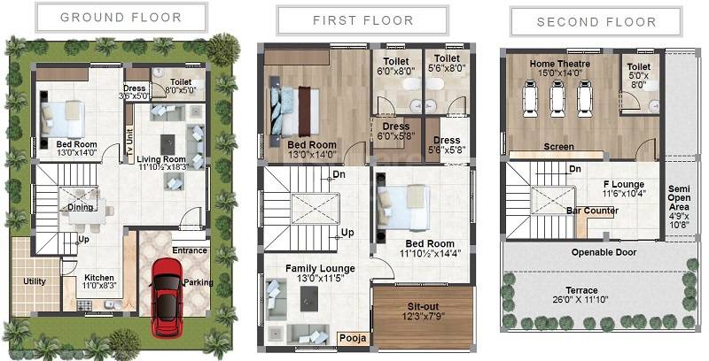 Floor plan of 3 BHK 2799 Sq. Ft. Villa in Siri Sampada Serene, Hyderabad
