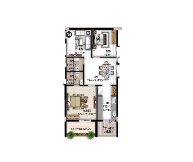 Floor plan of 2 BHK 1290 Sq. Ft. Apartment in Sita Exotica, Hyderabad