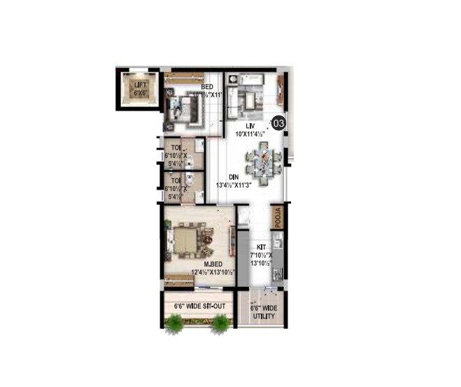 Floor plan of 2 BHK 1316 Sq. Ft. Apartment in Sita Exotica, Hyderabad