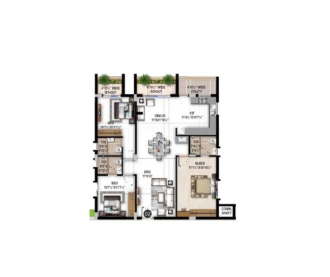 Floor plan of 3 BHK 1430 Sq. Ft. Apartment in Sita Exotica, Hyderabad