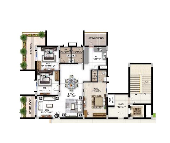 Floor plan of 3 BHK 1985 Sq. Ft. Apartment in Sita Exotica, Hyderabad