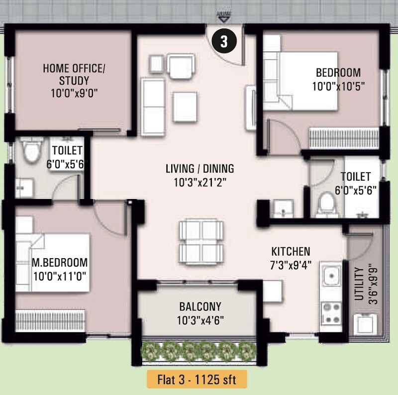 Floor plan of 2 BHK 1125 Sq. Ft. Apartment in Sivah Silver Keys, Hyderabad