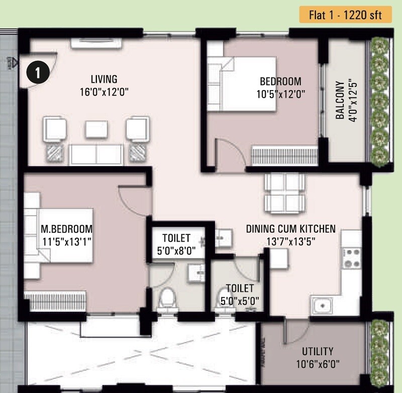Floor plan of 2 BHK 1220 Sq. Ft. Apartment in Sivah Silver Keys, Hyderabad