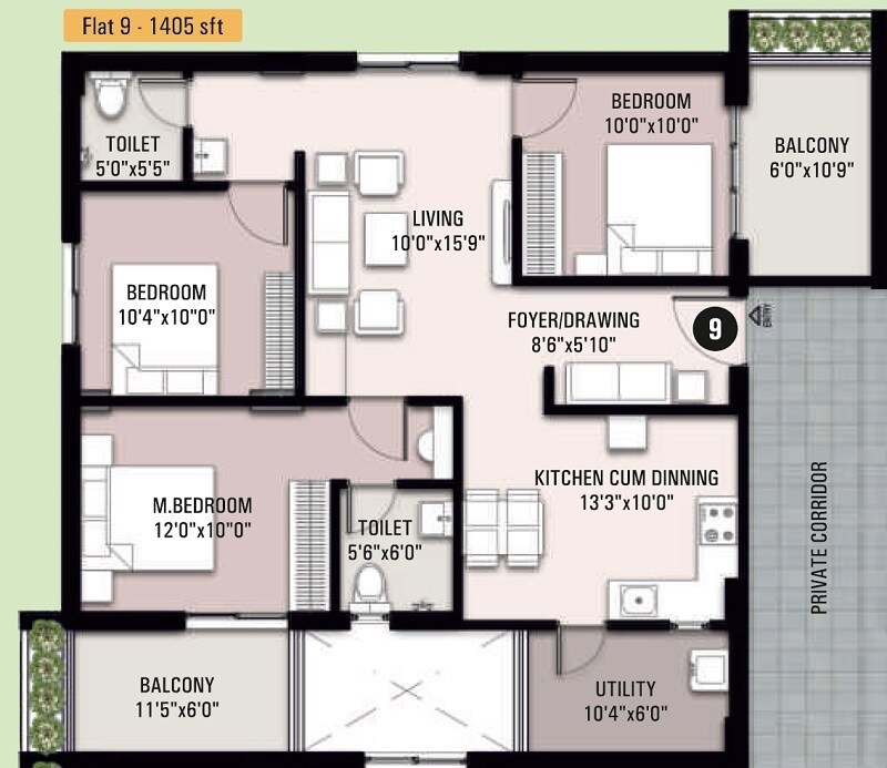 Floor plan of 3 BHK 1405 Sq. Ft. Apartment in Sivah Silver Keys, Hyderabad