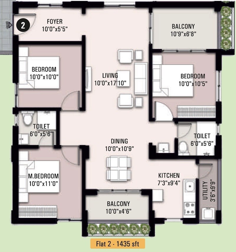 Floor plan of 3 BHK 1435 Sq. Ft. Apartment in Sivah Silver Keys, Hyderabad