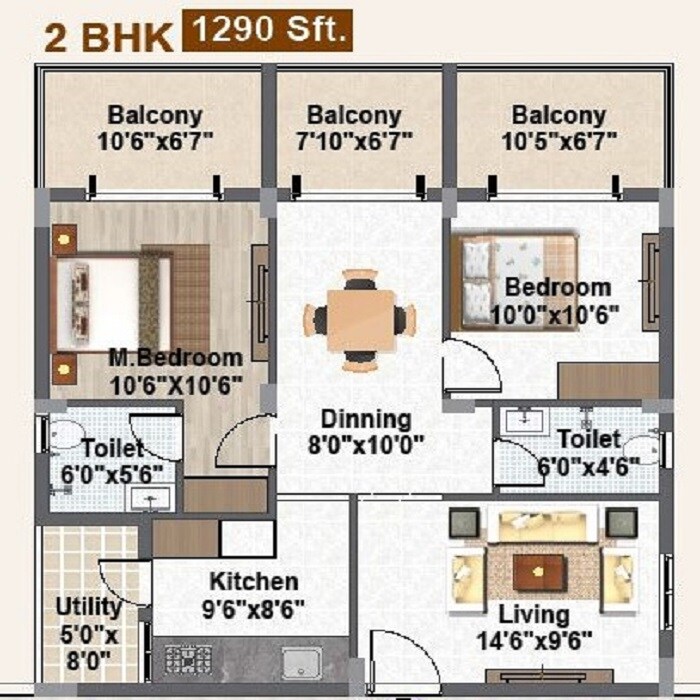 Floor plan of 2 BHK 1290 Sq. Ft. Apartment in Skyline Imperial, Hyderabad