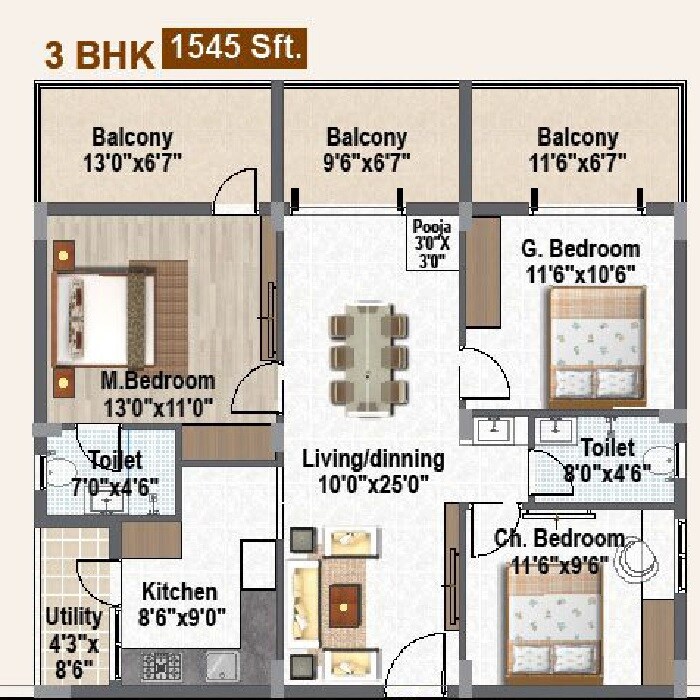 Floor plan of 3 BHK 1545 Sq. Ft. Apartment in Skyline Imperial, Hyderabad