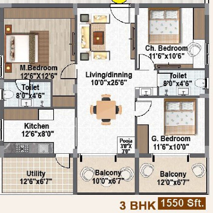 3 BHK 1550 Sq. Ft. Apartment