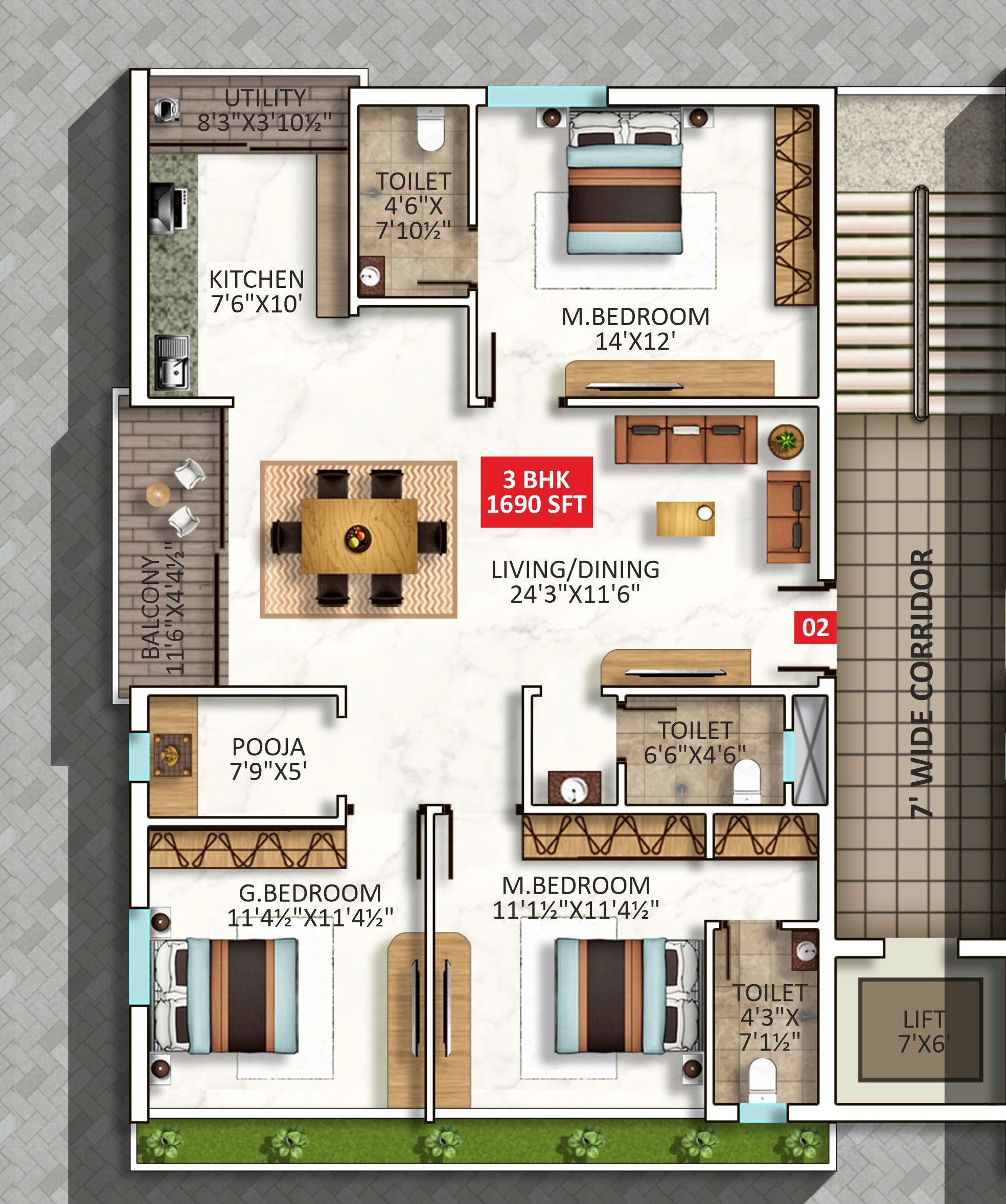 3 BHK 1690 Sq. Ft. Apartment