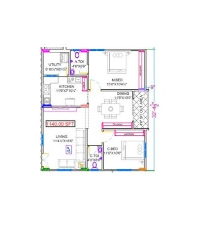 Floor plan of 2 BHK 842 Sq. Ft. Apartment in SL Sree Balaji Homes, Hyderabad