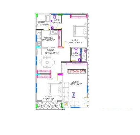 Floor plan of 2 BHK 867 Sq. Ft. Apartment in SL Sree Balaji Homes, Hyderabad