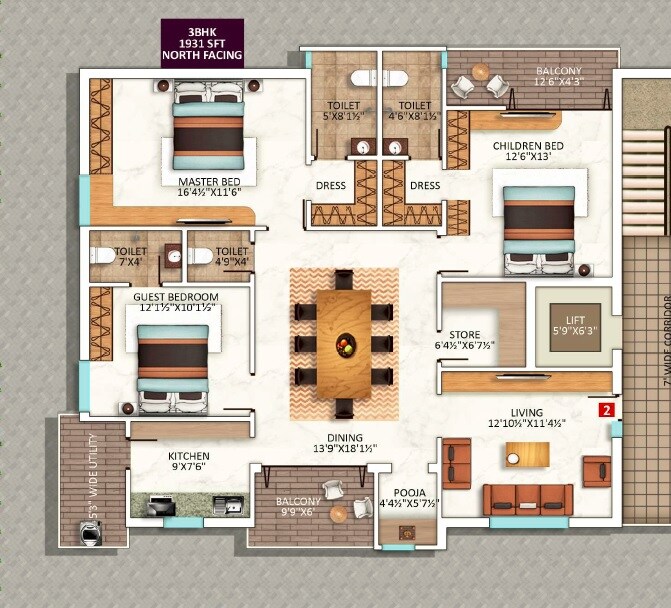 Floor plan of 3 BHK Apartment - 1930 sq. ft. in SL Surabhi Homes, Hyderabad