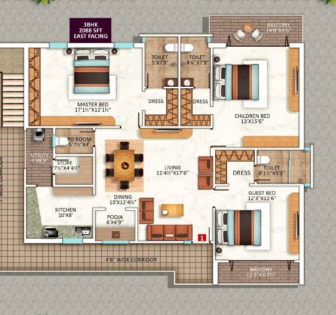 Floor plan of 3 BHK Apartment - 2088 sq. ft. in SL Surabhi Homes, Hyderabad