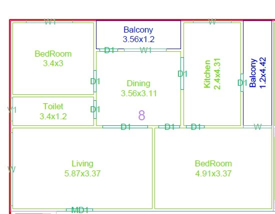 Floor plan of 2 BHK 1279 Sq. Ft. Apartment in SLN MK Residency, Hyderabad