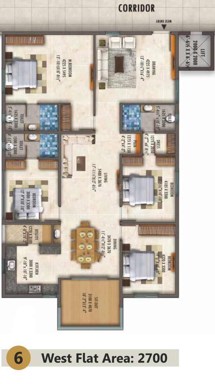 Floor plan of 3 BHK 2700 Sq. Ft. Apartment in SLN Signature, Hyderabad