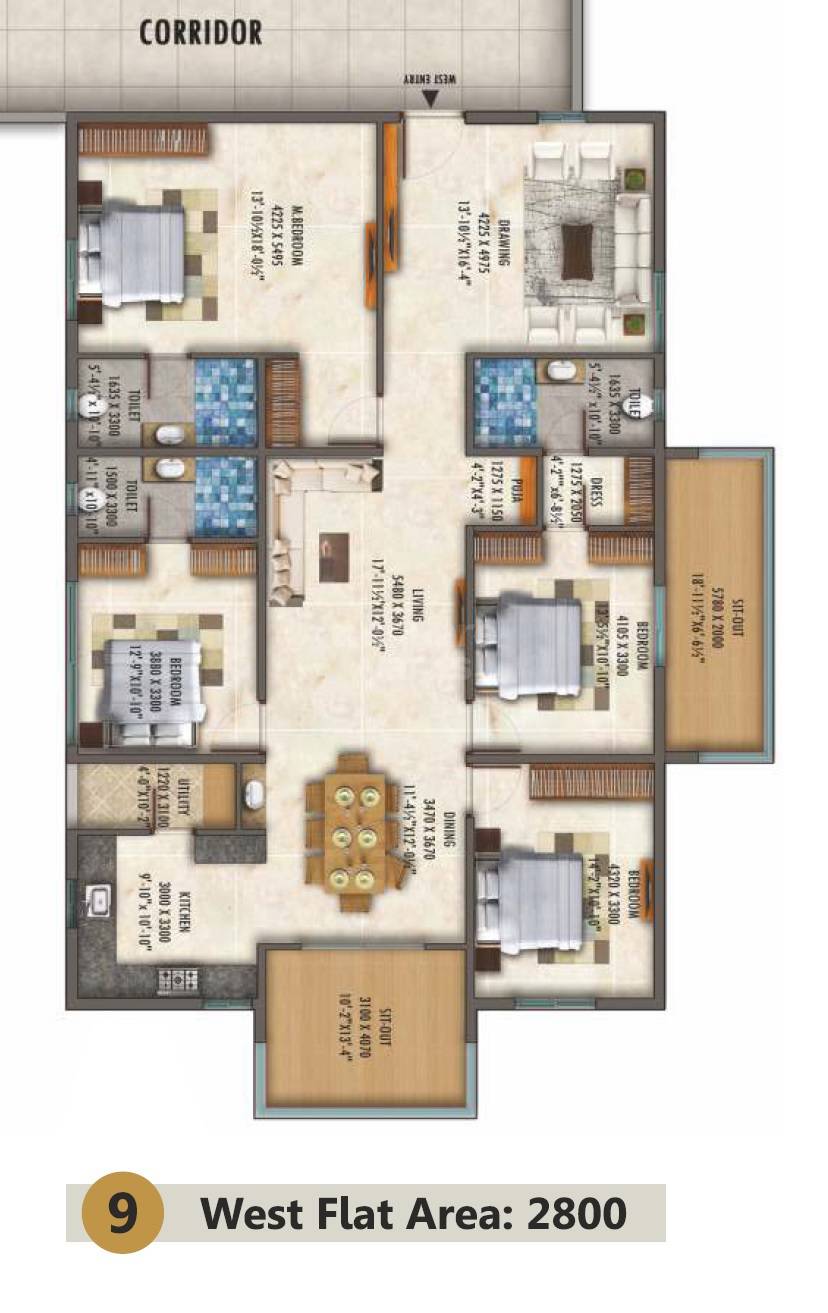 Floor plan of 3 BHK 2800 Sq. Ft. Apartment in SLN Signature, Hyderabad