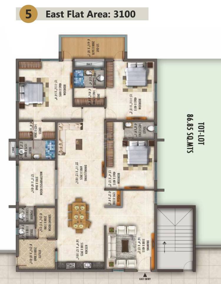 Floor plan of 4 BHK 3100 Sq. Ft. Apartment in SLN Signature, Hyderabad