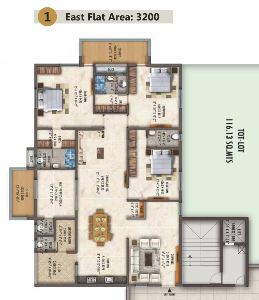 Floor plan of 4 BHK 3200 Sq. Ft. Apartment in SLN Signature, Hyderabad