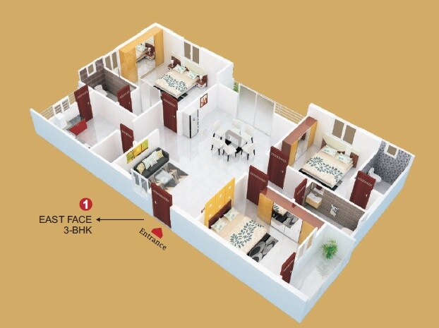 Floor plan of 3 BHK 1765 Sq. Ft. Apartment in SLN Twin Towers, Hyderabad