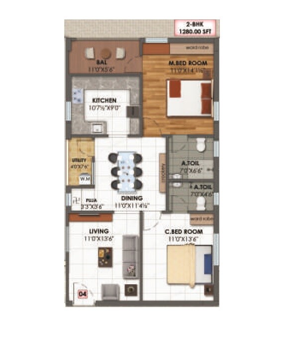Floor plan of 2 BHK 1280 Sq. Ft. Apartment in SM Classe, Hyderabad