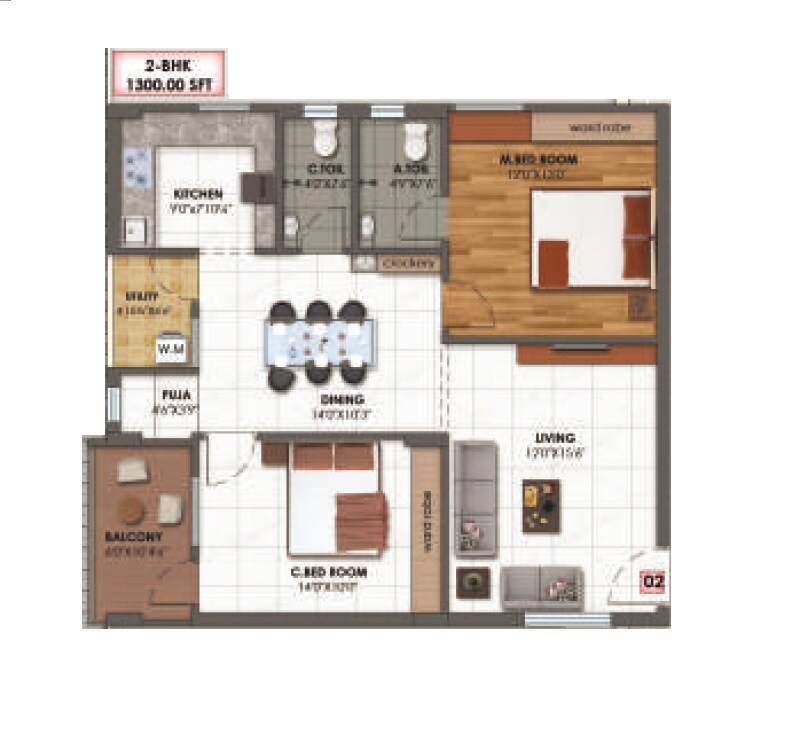 Floor plan of 2 BHK 1300 Sq. Ft. Apartment in SM Classe, Hyderabad
