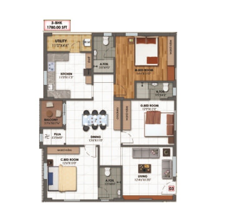 Floor plan of 3 BHK 1780 Sq. Ft. Apartment in SM Classe, Hyderabad
