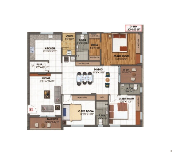 Floor plan of 3 BHK 2090 Sq. Ft. Apartment in SM Classe, Hyderabad