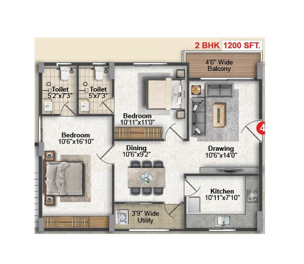 2 BHK 1200 Sq. Ft. Apartment