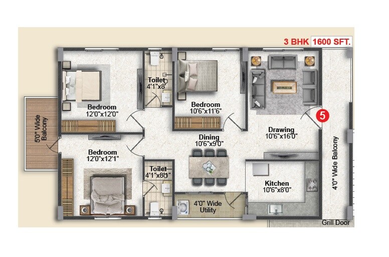 3 BHK 1600 Sq. Ft. Apartment