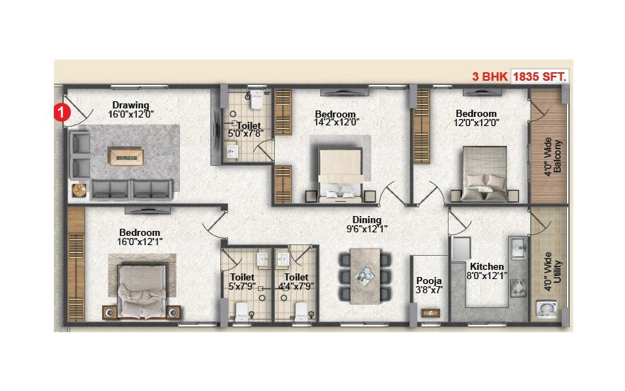 Floor plan of 3 BHK 1835 Sq. Ft. Apartment in SM Sapphire, Hyderabad